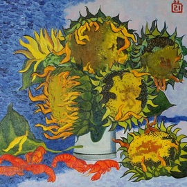 Moesey Li: 'Sunflowers and crayfish ', 1993 Oil Painting, Still Life. Artist Description: realism, still life, sunflowers, crayfish, clouds, sky...